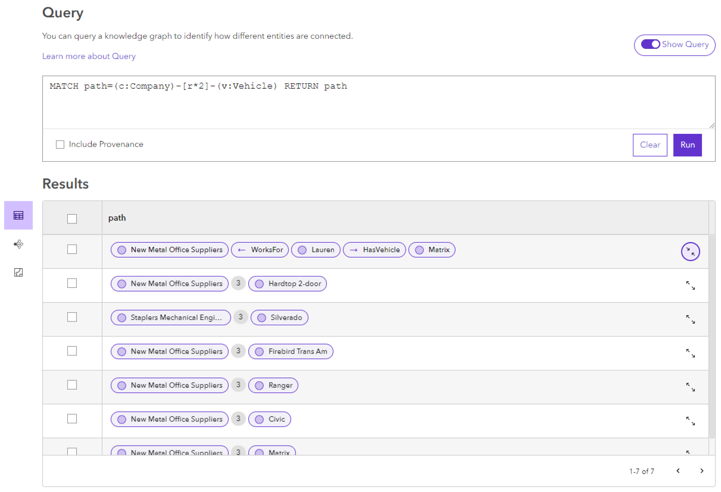 Results of a path with multiple relationships between the origin and destination entities. Results of a path with multiple relationships between the origin and destination entities.